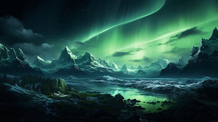 Fototapeta premium The aurora borealis casting a green glow over a glacier