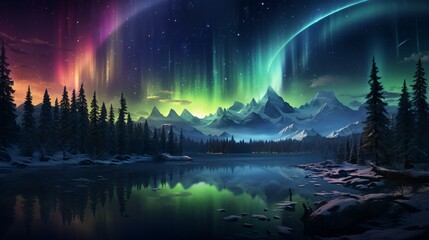 Obraz premium The aurora borealis creating a vibrant display over a mountainous region