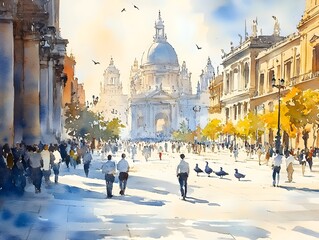 Obraz premium A bustling city scene with people walking along a street in front of a grand building and a large cathedral. The watercolor painting captures a bright, sunny day.