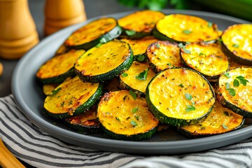 Plate of grilled zucchini on table with striped napkin