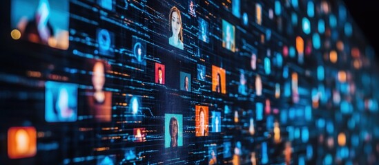 Obraz premium A digital wall with a grid of many colorful icons and people faces.