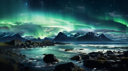 Naklejka premium A panoramic view of the aurora borealis over a rugged coastline