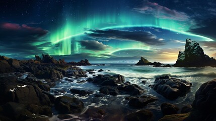 Naklejka premium A panoramic view of the aurora borealis over a rugged coastline