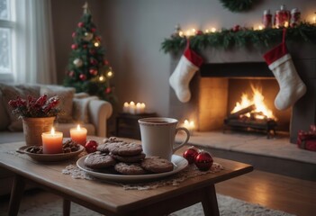 A Christmasdecorated living room with a fireplace and tree