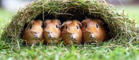 Obraz premium Four adorable guinea pigs peek out from a hay nest.