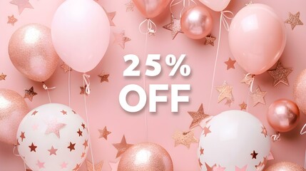 White '25% OFF' Promotional Sign on a Rose Gold Background with Copy Space