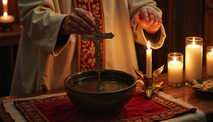 Priest performing baptism ceremony with a cross and water bowl illuminated by candles