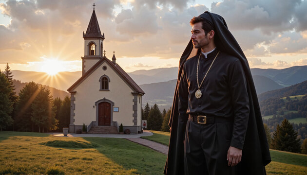Monk standing in front of a chapel at sunset with mountains in the background