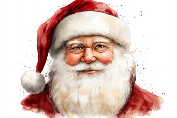 Watercolor illustration of Happy Santa Claus with Red Hat and Glasses Smiling. New Year Inspiration 