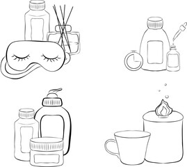 Cosmetic bottles compositions set for beauty and cleanser, skin and body care. Still life with beauty products. Vector illustration in hand drawn sketch doodle style isolated on white. Flat design for