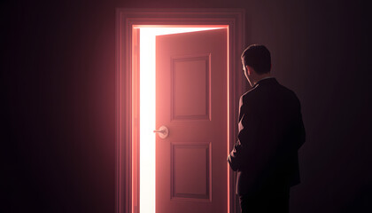 Fototapeta premium Man open a door with a magic light begind by a antique key isolated with white highlights, png