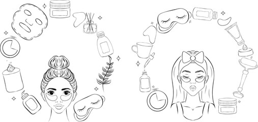 Skin care concept line composition set. Daily beauty routine. Moisturizing and rejuvenation. Line contemporary flat vector illustration
