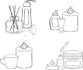 Vector illustration with different beauty jars, candles. A set of line trendy compositions for printing on clothes and interior decoration.
