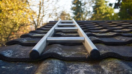 Ladder on roof of house with trees in background