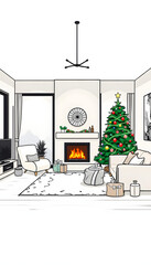 Interior of modern living room with Christmas tree and fireplace isolated with white highlights, png