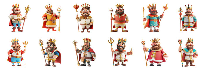 Brave king with crown and scepter posing, 3D cartoon illustration, isolated on transparent background, cute animated style, beautiful colors, Generative ai