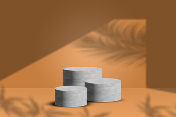 3D pedestal podium, orange background with palm tree leaves shadow. Summer holiday beauty, cosmetics, product platform display mockup. Natural 3D render Halloween, autumn minimal trendy illustration.