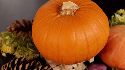 umpkin placed on wood base, pinecones and greenery create autumn harvest mood. Vibrant orange captures cozy fall warmth, perfect for festive decor, seasonal gatherings, indoor setup.