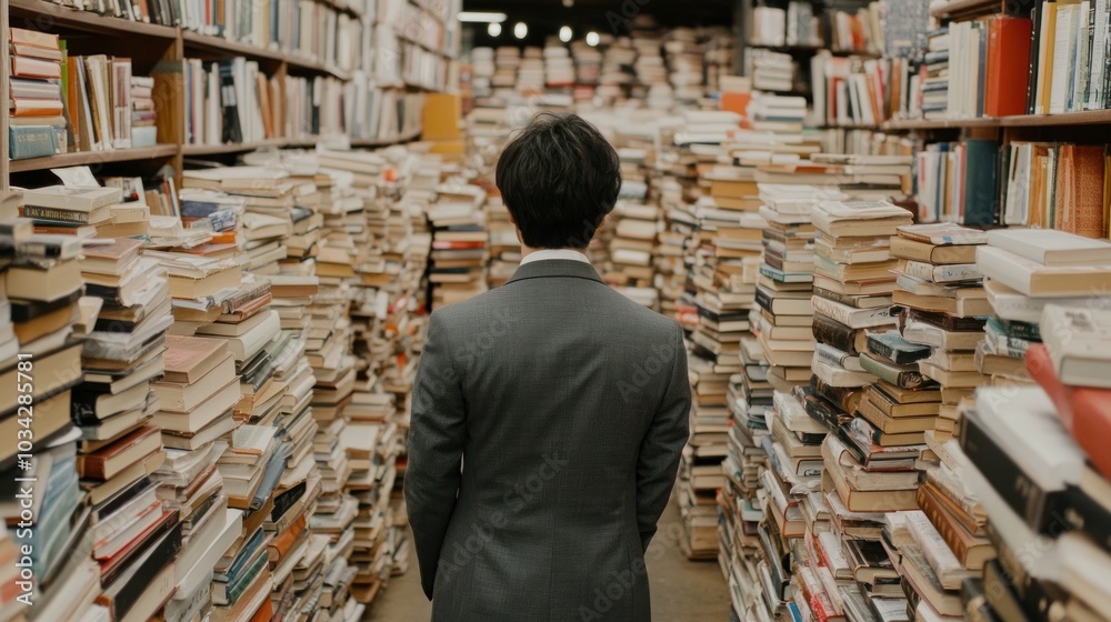 Aufkleber man walking through a maze of books in a library