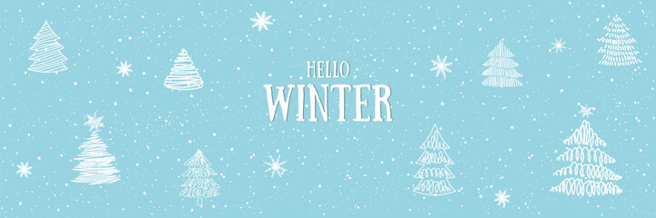 Winter horizontal vector design. Hello,Winter. Greeting text with fir trees and Snowflake for cold season celebration.Holiday Vector illustration.Winter days.Great for banners, wallpapers, cards