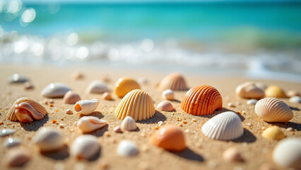 Beautiful close-up of colorful seashells scattered on a sandy beach with gentle waves lapping in the background, capturing the essence of coastal beauty and tranquility