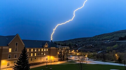 A captivating thunderstorm illuminates the cityscape at night, with lightning striking against a tranquil dark blue sky