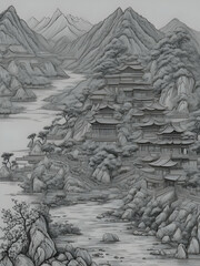 coloring page of beautiful chinese landscape anti-stress , coloring book page, clean line art, thick lines, no color, white background, only strokes
