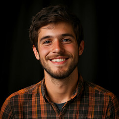 Obraz premium Headshot portrait photograph of a young man with short brown hair and a beard, wearing a plaid shirt against a black background