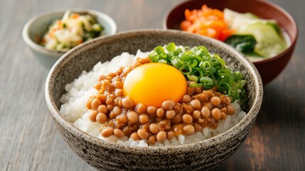 A bowl of natto (fermented soybeans) with steamed rice and a raw egg, served with a side of miso soup and pickled vegetables.