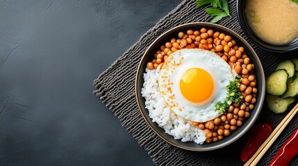 A bowl of natto (fermented soybeans) with steamed rice and a raw egg, served with a side of miso soup and pickled vegetables.