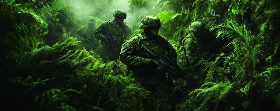 Camouflaged soldiers hiding in jungle foliage.