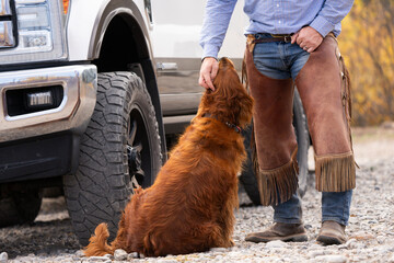 a cowboy in leather chaps with his dog standing in front of a truck 