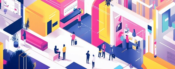 Isometric colorful building interior with people.