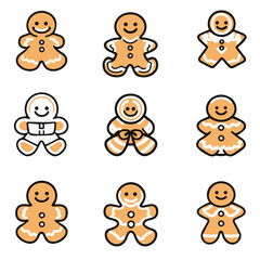 Outline icon set of cute gingerbread man cookie