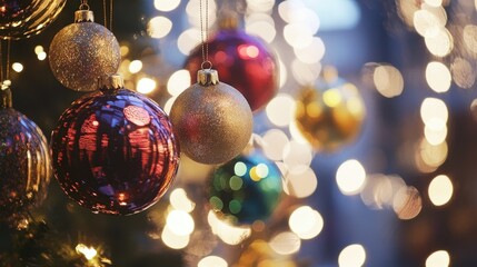 Shiny ornaments on a festive tree