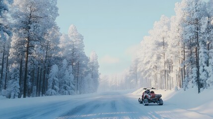 Fototapeta premium Winter Finnish snowy lanscape with road and snowmobile. 