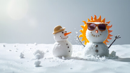 Obraz premium Snowman with sun-shaped friend wearing sunglasses in winter scene