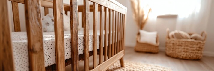 wooden baby crib in baby's room, clean, soft,
