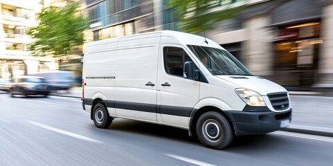 white delivery van driving through city at high speed