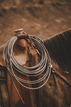 closeup of rustic western saddle with saddle horn and lariat rope