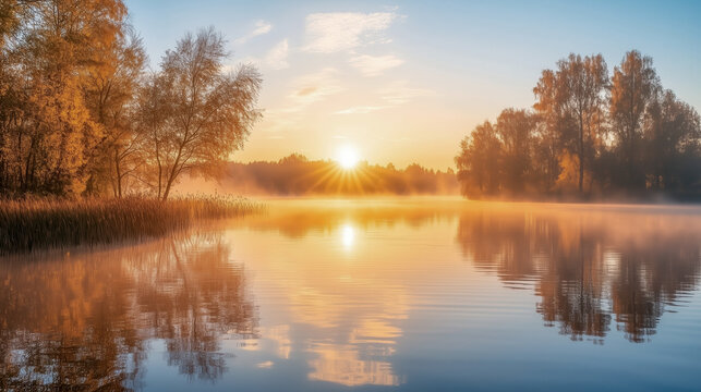 Serene sunrise over a tranquil lake in autumn
