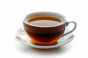 A steaming cup of black tea placed on a delicate porcelain saucer