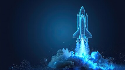 Abstract space shuttle launches into space. Glowing rocket and smoke under it. Digital start-up and success concept. Low poly wireframe 3D illustration in technology blue on a dark background