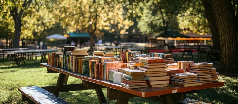 A picnic table piled high with books in a park setting.