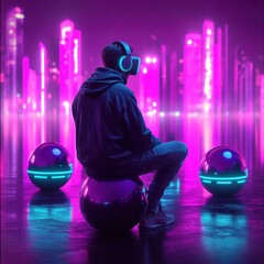 Entrepreneur Navigating a Glowing Surreal Constellation of Tasks in a Retrofuturistic Neon Cityscape