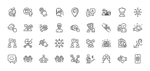 Hold heart, Delivery man and User notification line icons pack. AI, Question and Answer, Map pin icons. Hold box, Gift, Employee hand web icon. Vector