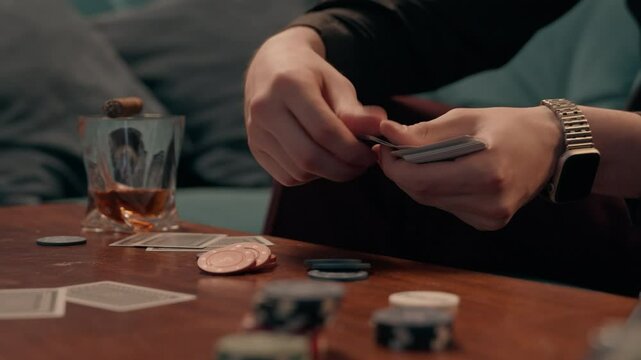 Unknown rich Caucasian man guy dealer croupier player gamer gambler male hands deals cards blackjack poker playing gambling addiction betting chips drinking alcohol smoking cigar at home casino room