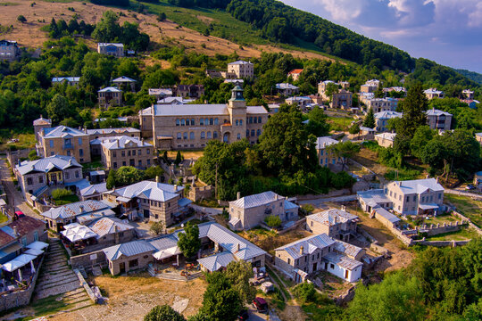 An aerial view of Nymfaio, a picturesque mountain village in Greece