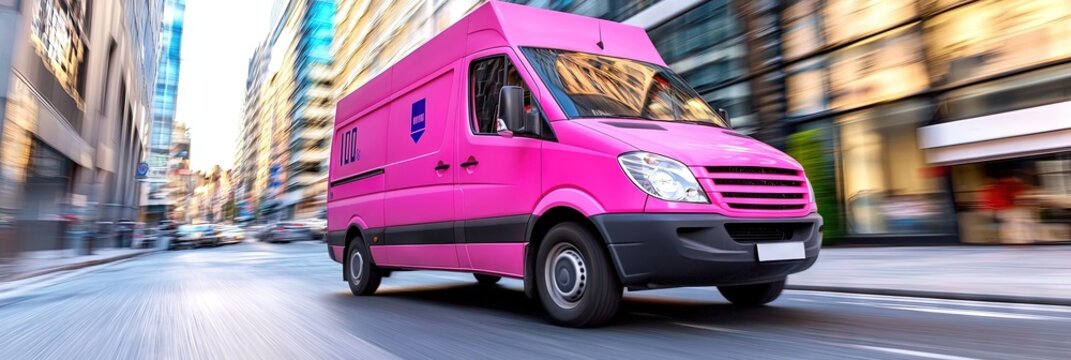 pink delivery van driving through city at high speed 