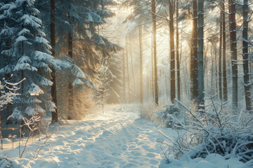 Snow blankets the ground along a serene forest trail, while sunlight cascades through the tall, frosted conifers, creating a magical atmosphere